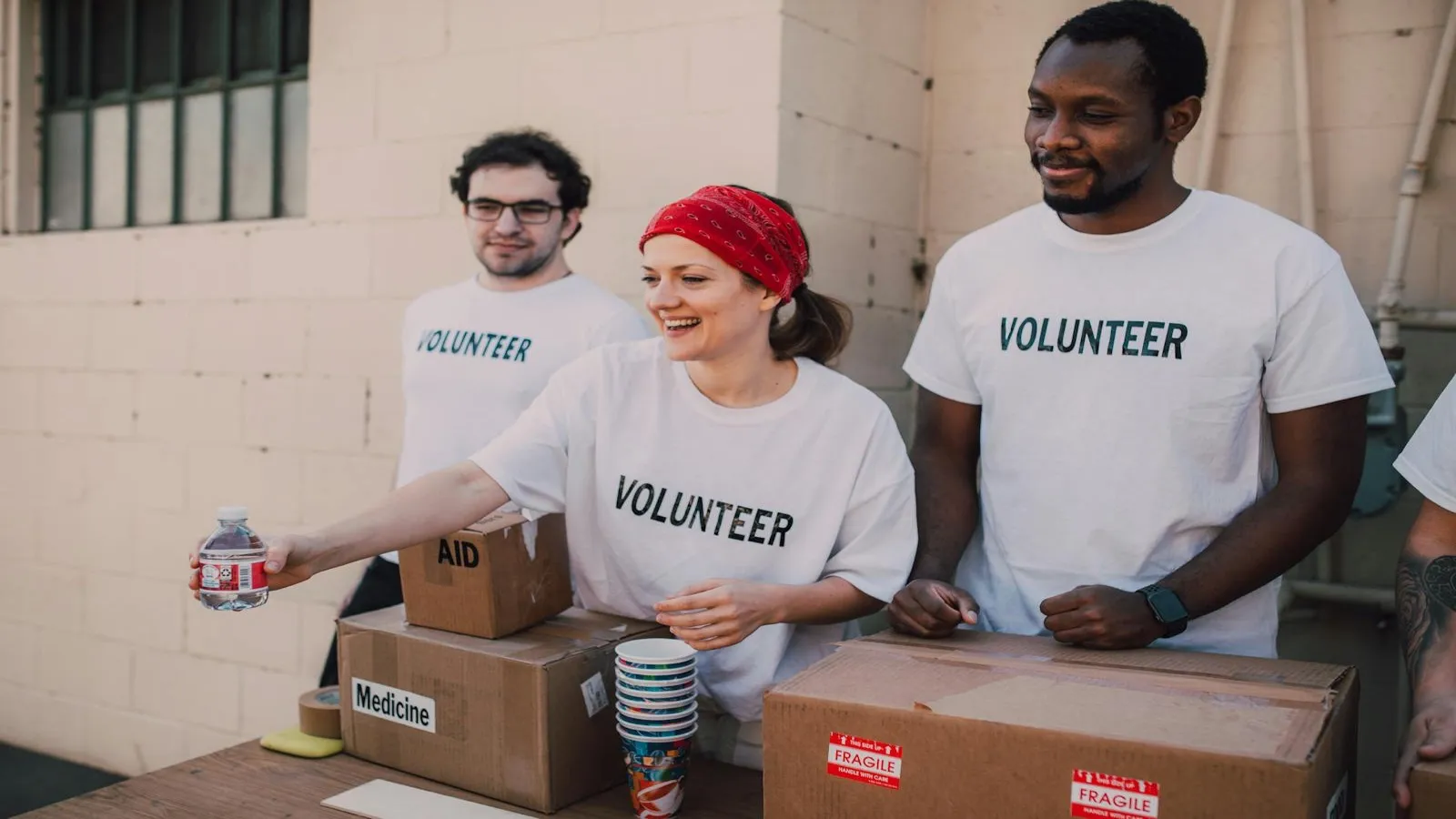 Charity volunteers working together sorting supplies